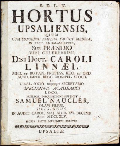 Hortus Upsaliensis, ... cover